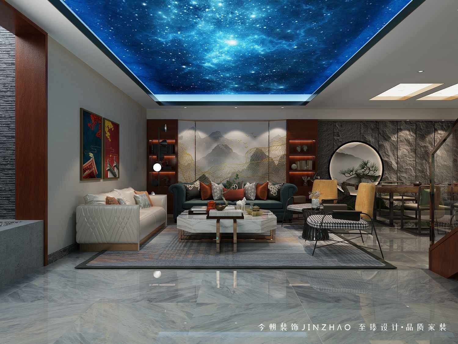 萬德世家底躍300㎡新中式風(fēng)格客廳裝修效果圖